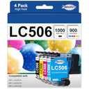 LC506 Ink Cartridges High-Yield Replacement for Brother LC506 Ink Cartridges LC506 XL LC 506 XL 506XL work for Brother MFC-J4355DW MFC-J4555DW MFC-J4557DW Printers (1 Black 1 Cyan 1 Magenta 1 Yellow)