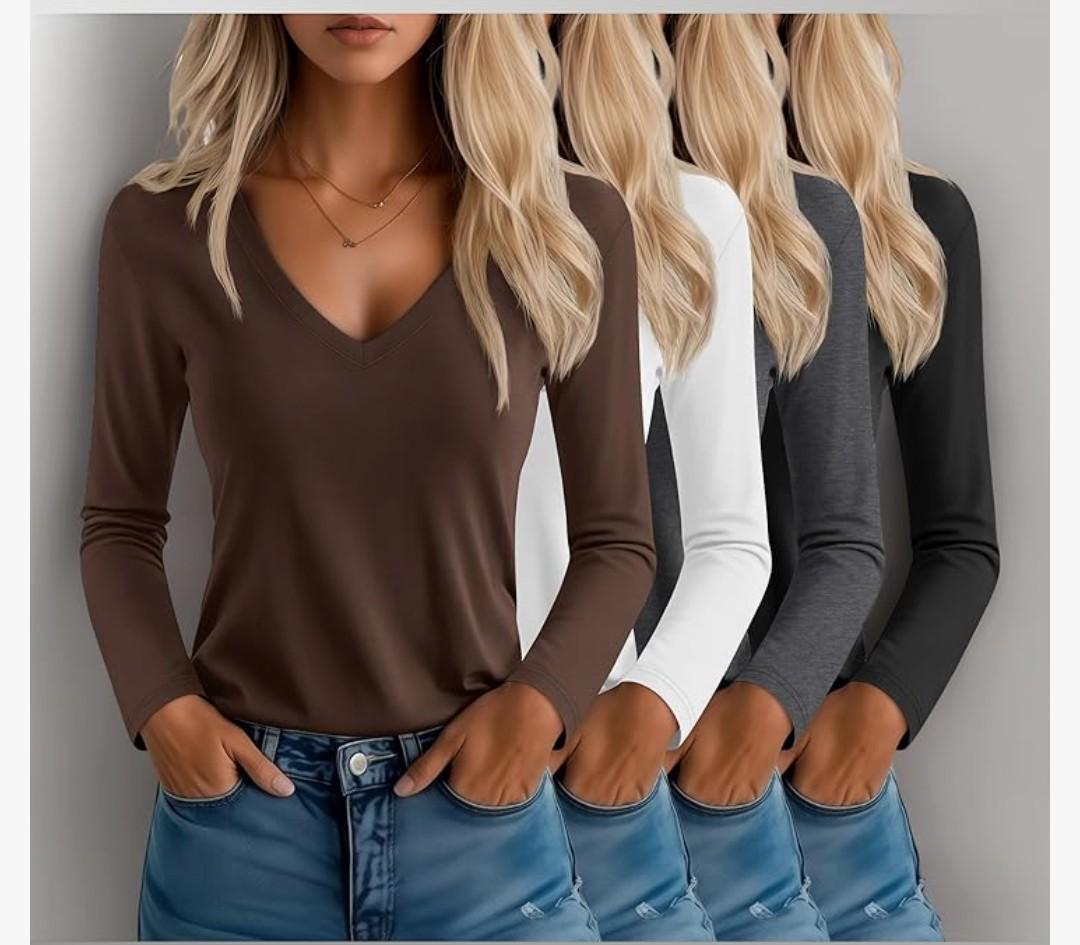 OakGarden 4 Pack Women's T-Shirts V Neck Long Sleeve Casual Tops Loose Fit Basic Layering Shirts Straight Hem Plain Soft Tees Large