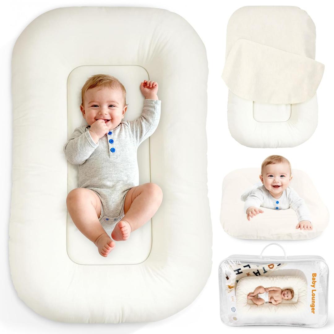 Baby Lounger & Snuggle Nest for Newborn 0-24 Months, Baby Nest Supervised Breathable Cotton for Newborn, Breathable Portable Lounnger for Travel and Home, Cashmere Beige (Lounger Cover Included)