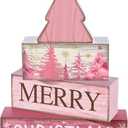 4 Pcs Christmas Table Decoration Wooden Pink Christmas Tree Centerpieces Decor Winter Tiered Tray Decor Rustic Decorative Tree Block Signs Gift Farmhouse Xmas Decoration for Home Kitchen