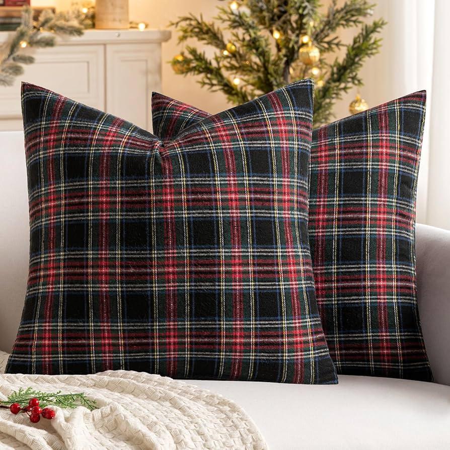 Christmas Pillow Covers 18x18 Inch  2PCs Plaid Pillow Covers Throw Pillow Covers Christmas Decorations for Sofa, Bed Vintage Decor
