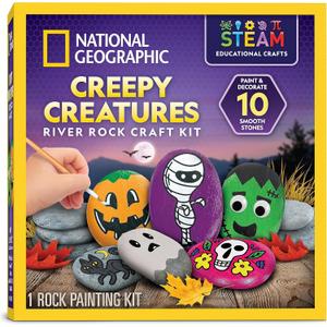 National Geographic Creepy Creatures Rock Painting Kit - Halloween Arts & Crafts Kit for Kids, Decorate 10 River Rocks with 10 Paint Colors & More Spooky Art Supplies, Halloween Gifts for Kids
