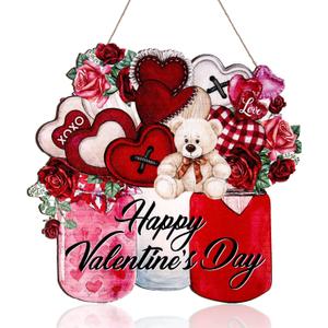 2 x Happy Valentine's Day Sign Happy Valentine's Day Door Sign Wooden Farmhouse Home Sign Welcome Sign with Bear Heat Rose for Porch Farmhouse Happy Valentine's Day Front Door Outdoor Home Decor (a)