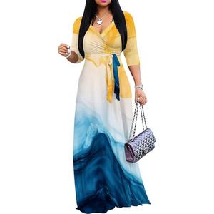 PinkPatty Women's Print Maxi Dresses 3/4 Sleeves V Neck Wrap Tie Waist Long Dress（Paint16 XL）