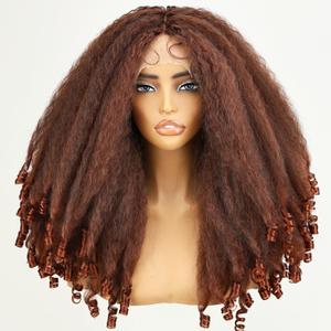 SOKU Afro Curly Lace Front Wig Synthetic Copper Red T Part 20 Inch Crimp to Curl Kinky Straight with Curly Ends Pre-plucked with Baby Hair Transparent Swiss Lace Yaki Texture Ginger Wigs for Women