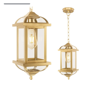 Gold Outdoor Pendant Light for Porch Fully Enclosed, 16 Inch Large Exterior Hanging Light Aluminum Made Anti-Corrosion Outside Ceiling Mount Lights Brass Chandelier Entry Light, E26