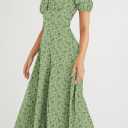 Linsery Women's Puff Sleeve Floral Maxi Dress Elegant Square Neck Cottagecore Boho Split Long Dresses (Large, Green)