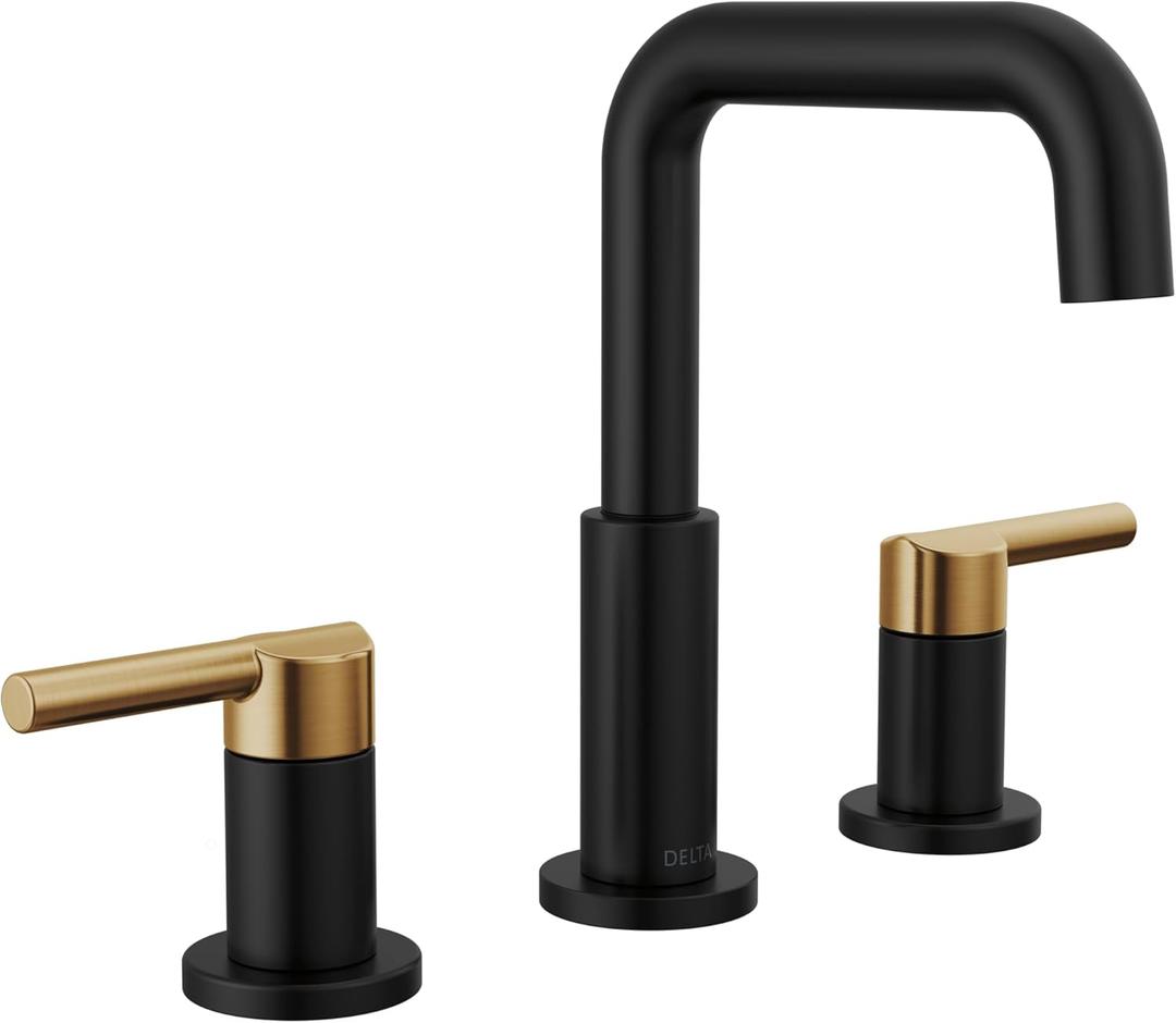 Delta Nicoli Matte Black/ Brushed Gold Faucet 3 Hole, 8 Inch Widespread Bathroom Sink Faucet for Vanity, Push-Pop Drain Assembly, Matte Black/ Champagne Bronze 35849LF-GZ