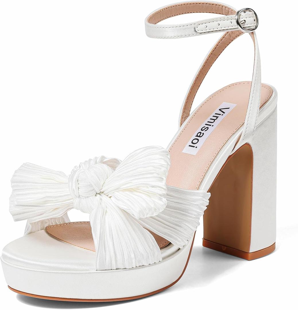 VIMISAOI Women's Bow Knot Platform Heels Open Toe Chunky Heeled Sandals Ankle Strap Comfortable Wedding Party Dress Shoes for Bride, Size 7.5