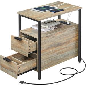 VASAGLE Side Table with Charging Station, Narrow End Table with 2 Drawers, Slim Nightstand and Bedside Table with Storage, for Small Spaces, Oak with Blue Grains and Black ULET321B60