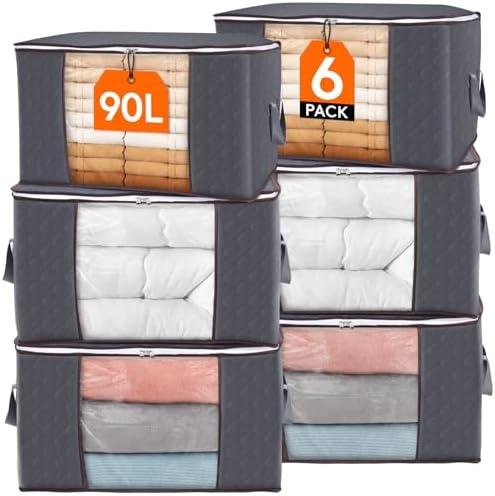 Lifewit 90L Large Storage Bags, 6 Pack Closet Organizers and Storage, Clothes Storage Bins with Lids, Foldable Storage Containers with Reinforced Handles for Clothing, Blanket, Bedding, Comforter Gray