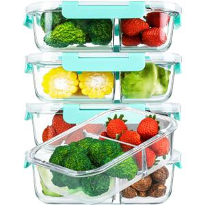 [5-Pack,36 Oz]Glass Meal Prep Containers 2 Compartments Portion Control with Upgraded Snap Locking Lids Glass Food Storage Containers, Microwave, Oven, Freezer and Dishwasher (4.5 Cups, Green)