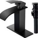 Qomolangma Waterfall Bathroom Faucet, Matte Black Modern Single Handle Bathroom Faucets for 1 or 3 Hole Bathroom Sink Faucet Mixer Tap Washbasin Faucet with Deck, Pop-up Drain and Supply Hoses (Short, A-Black)
