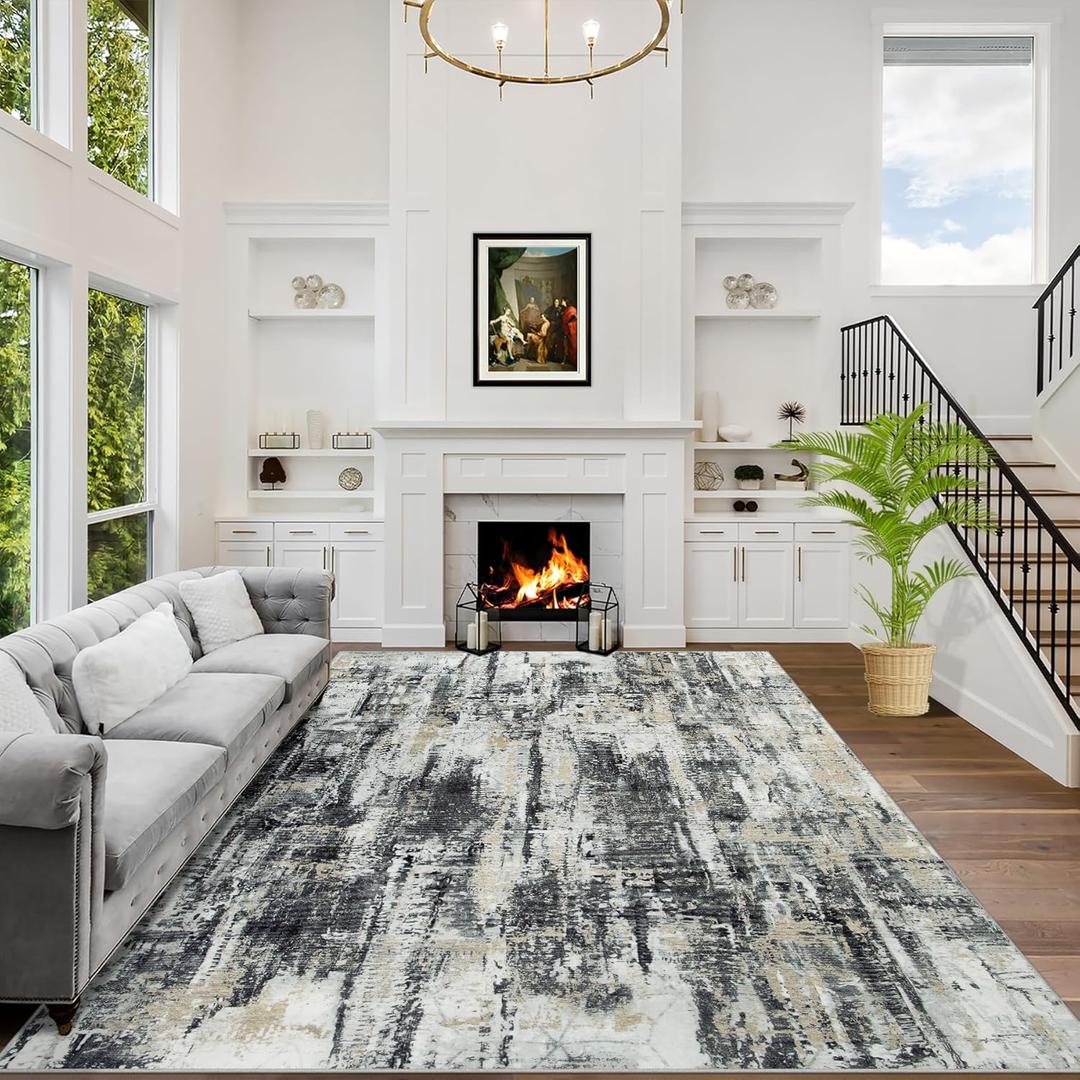 8x10 Area Rugs Washable Rug: Large Modern Abstract Living Room Rug Soft Anti-Skid Thin Carpet Indoor Floor Non-Shedding Carpets for Bedroom Dining Farmhouse Nursery Home Office Black Grey Gold (8' x 10')