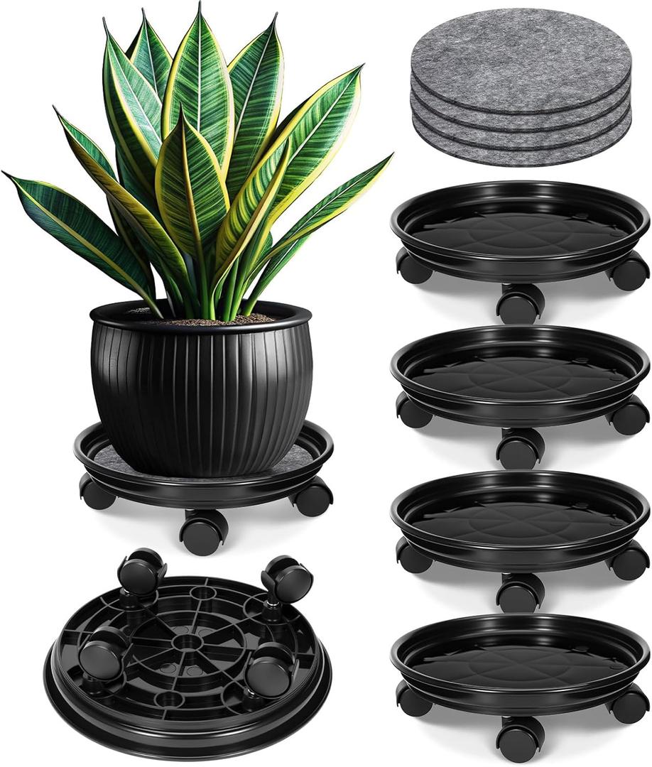Honeydak 4 Pack 12 Inch Plant Stand with Mute Wheels and 10 Inch Waterproof Coasters Mat Set Heavy Duty Plant Dolly with Casters, Leakproof Drip Trays for Indoor Outdoor Pots, Protect Floor(Black)