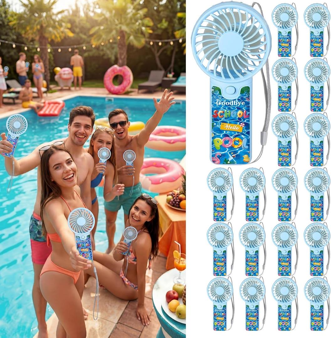 Tuanse 24 Pcs Goodbye School Hello Pool Fans End of School Bulk Mini Handheld Portable Personal Battery Powerful Small Pocket Fan Bulk for Summer Party Favors Decors Gifts 24 Guests