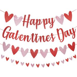 Red Glitter Happy Galentines Day Banner and Valentines Heart Banner Garland Decorations for Happy Galentines Day Banner Party Decorations