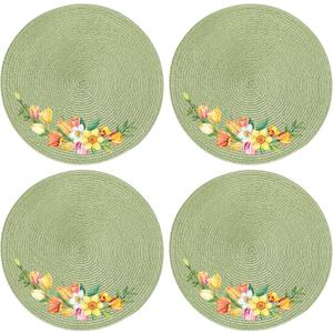 Spring Round Braided Placemats Set of 4 Place Mats for Dining Tables Spring Flowers Placemats 14 Inch for Kitchen Holiday Party Pea Green Washable Non-Slip Table Mats