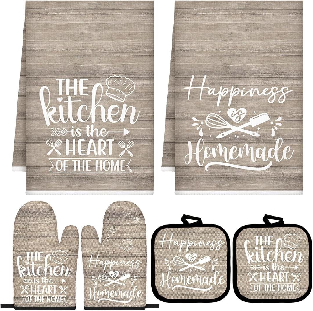 Sratte 6 Pcs Kitchen Decor Accessories Set Farmhouse Towels Pot Holders Oven Mitts Set 2 Dish Towels 2 Potholders 2 Cooking Mittens Oven Glove for Christmas Baking Cooking(Brown Wood Grain)