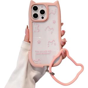 for iPhone 16 Pro Case, [Pink Cute Cat Ears] [2-in-1 with Kitty Bracelet] Stylish Print, Soft TPU Shockproof, Gift for Women and Girls
