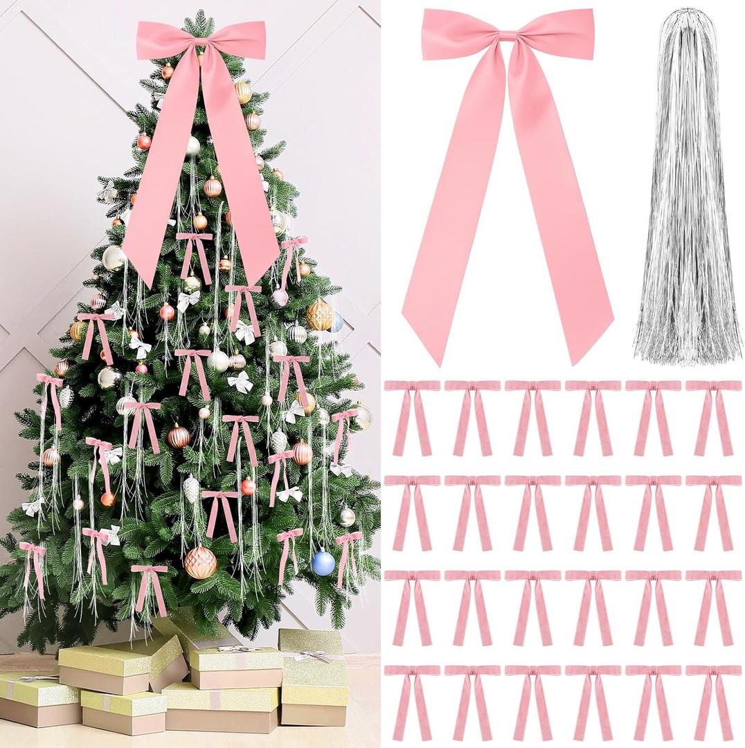 Shihanee Pink Christmas Bows Decor Set 1 Large Satin Christmas Tree Topper 24 Vintage Velvet Ribbon Bows with 3000 Strands Silver Tinsel Icicles Elegant Xmas Ornament for Holiday Wreath Gift Wrapping