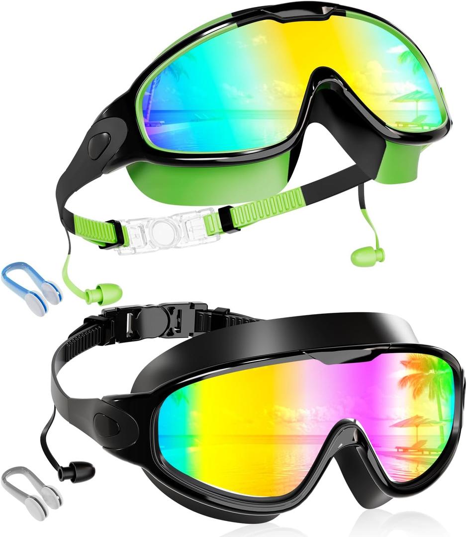 Aegend New Kids 2 Pack Wide View Swim Goggles, Anti-Fog/UV No Leak Goggles with Ear Plugs Kids 3-14