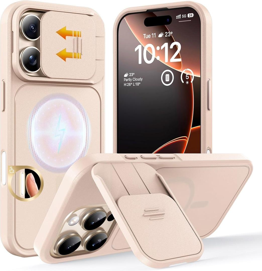 TOCOL for iPhone 16 Pro Case with Slide Camera Cover, Kickstand and Camera Control Button, Fit for MagSafe, Rugged Solid Phone Case, Non-Slip, Drop Protection, Desert