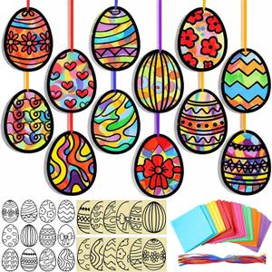 AmazingSpark 36 Pcs Easter Suncatcher Craft, DIY Egg Stained Glass Tissue Paper, Easter Window Arts and Crafts Kit, Hanging Sun Catcher Ornaments for Spring Art Party Supplies Decor