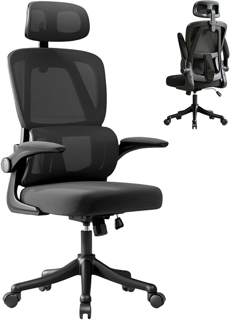 Ergonomic Office Chair with Dynamic Lumbar Support & Adjustable Headrest – High Back Desk Chair with 90° Flip-up Arms, Comfort Mesh Computer Chair for Home Office Long Hours Sitting, Black, 2 ft 2 in x 1 ft 10 in x 2 ft 0.4 in