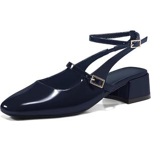 Coutgo Womens Mary Jane Chunky Low Heels Closed Square Toe Ankle Strap Pumps Wedding Party Dress Shoes (8, Navy)