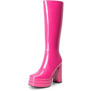 DREAM PAIRS Women's Platform Heeled Knee High Boots, Long Chunky Tall Gogo Boots for Fall (8.5, Hot Pink-Pat)