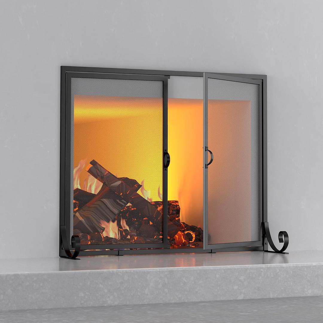 Fire Beauty Hinged Double Door Fireplace Mesh Guard（L35xW28 inch）