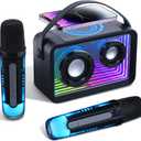 Mini Karaoke Machine for Kids Adults, Portable Bluetooth Speaker with 2 Wireless Microphones & Wireless Charger, Toys with Lights Gift for Kids
