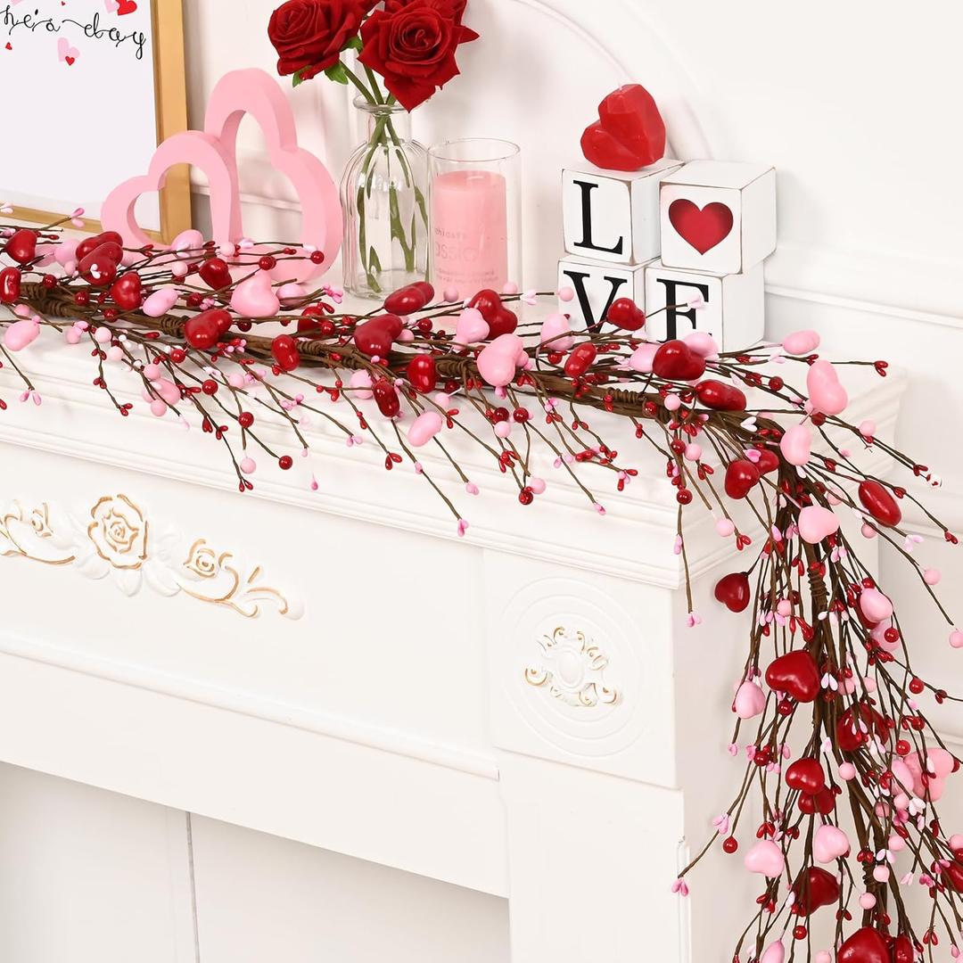 2 Pcs Valentine's Day Decor, 6 Ft Valentine's Day Garland for Mantel, Valentines Day Centerpiece for Table, Red Pink Heart Garland, Valentines Day Decorations for Spring Wedding Fireplace Table Décor, Red Pink