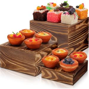 Barydat 3 Pcs Vintage Brown Wood Cake Stand Rustic Wooden Display Risers for Party Display Square Stackable Display Box for Dessert Appetizer Storage Organizer Engagement Reception Wedding Party