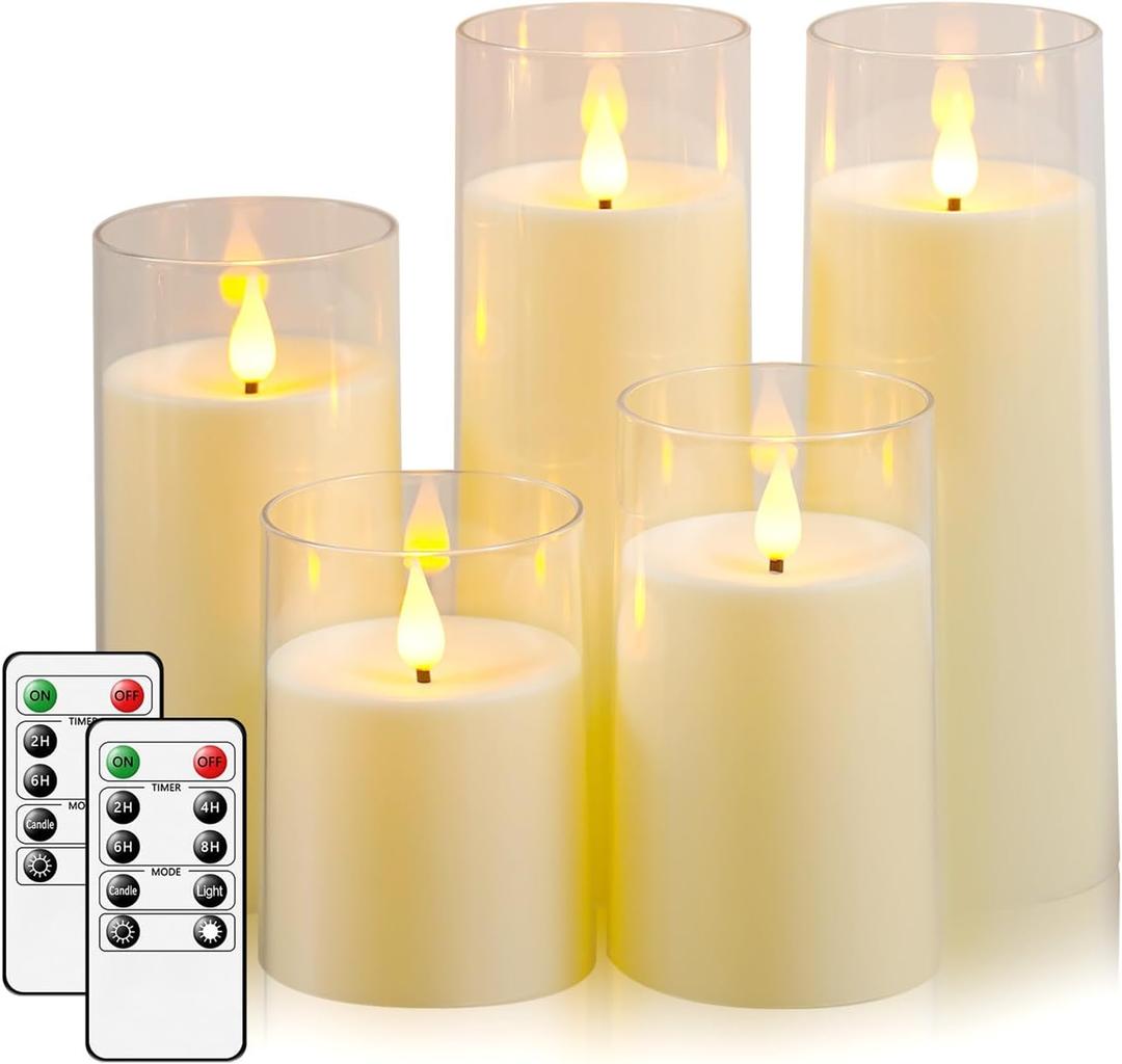Fo32won Ivory White LED Flameless Pillar Candles Battery Operated with Remote and Timer, Pack of 5 (D 3"H 4" 5" 6" 8" 8") Decorative Plexiglass Flickering Candles with 3D Flame (Two Batteries Operated)