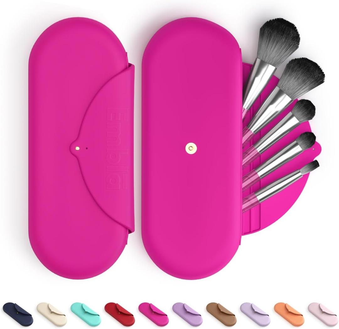 2 x Embla Makeup Brush Holder Travel Cosmetic Case Pouch, Soft Silicone Cosmetic Bag Make Up Brushes Holder with Secure Snap Closure, Travel Makeup Brush Case, Fuchsia