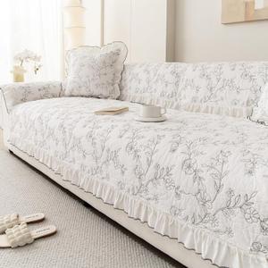 Couch Cover Sofa Covers Washable, Cotton Boho Floral Sofa Slipcovers for 4 Cushion, Non-Slip Furniture Protector for Dog Pet, L Shaped Recliner Sectional Couch Cover White,36"X94"(Only 1 Pcs)