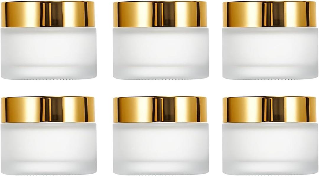 6Packs Round Frosted Glass Jars 30ml/1 OZ Comestic Sample Containers Empty Airtight Glass Jars with Inner Lids & Golden Caps For Storing Lotions Cream Body Butters Powders