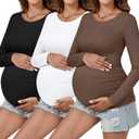 Ficerd 3 Pack Women's Maternity Shirts, Side Ruched Pregnancy Tee Tops Long Sleeve Basic Tunic Tshirt Casual Mama Clothes (Large, Black, White, Coffee)