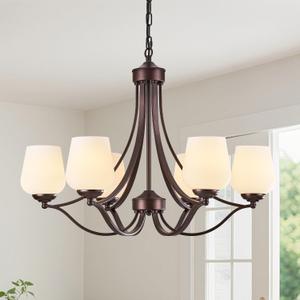 Oil Rubbed Bronze 6-Light Chandelier with Frosted Glass Lampshade, Farmhouse Rustic Dining Room Light Adjustable Height Antique Brown Hanging Light Fixture for Dining Table, Kitchen Island, Staircase