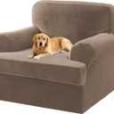 2 Pieces T Cushion Chair Covers with Arms Thick Velvet Couch Cover Stretch T Cushion Sofa Covers for Living Room Chair Cover with Individual T Cushion Covers , Washable (1 Cushion Chair, Mocha)