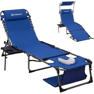 FUNDANGO Heavy Duty Tanning Chair with Face Hole & Canopy, 400lbs Beach Lounge Chair with Side Table, 5-Position Sun Lounger for Outdoor Patio Pool-Face Down Chaise with Anti-Pinch Safety Lock, Blue
