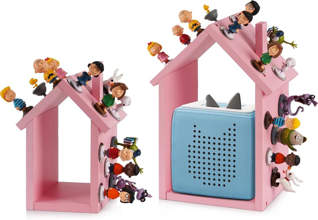 for Tonies Shelf Magnetic - for Tonies Figure Organizer Kids Room, Wooden Display Shelf for Tonies Box Holder, Wall Floating Shelves Toy Storage, House Shape Set of 2 with 38Pcs Metal Plate (Pink)