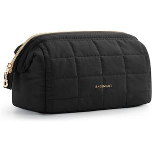 BAGSMART Makeup Bag Travel Toiletry Bag, Puffy Padded Make Up Bags for Women Makeup Organizer Case, Wide-open Pouch Purse Travel Essentials Toiletries Accessories Brushes, Black 