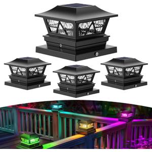Viewsun Solar Post Lights Outdoor Waterproof RGB Color Changing Modes Fence Post Cap Lights, Deck Post Lights Solar Powered for 4x4 5x5 6x6 Wooden or Vinyl Yard Garden Patio Decor, Black(4 Pack)
