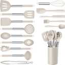 Onader Silicone Cooking Utensils Set of 15, Kitchen Utensils Set with Holder for Nonstick Cookware, 446F Heat Resistant Stainless Steel Handle - Khaki