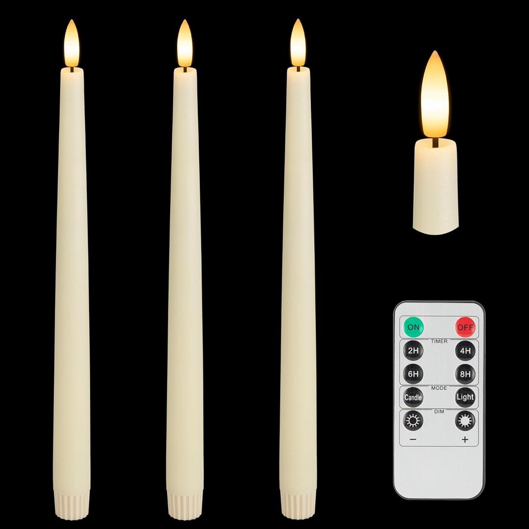 Flameless Taper Candles with 3D Wick, 11.4" Real Wax LED Candles with Remote and Timer, 3 Pack Flickering Candlesticks Battery Operated (Ivory)