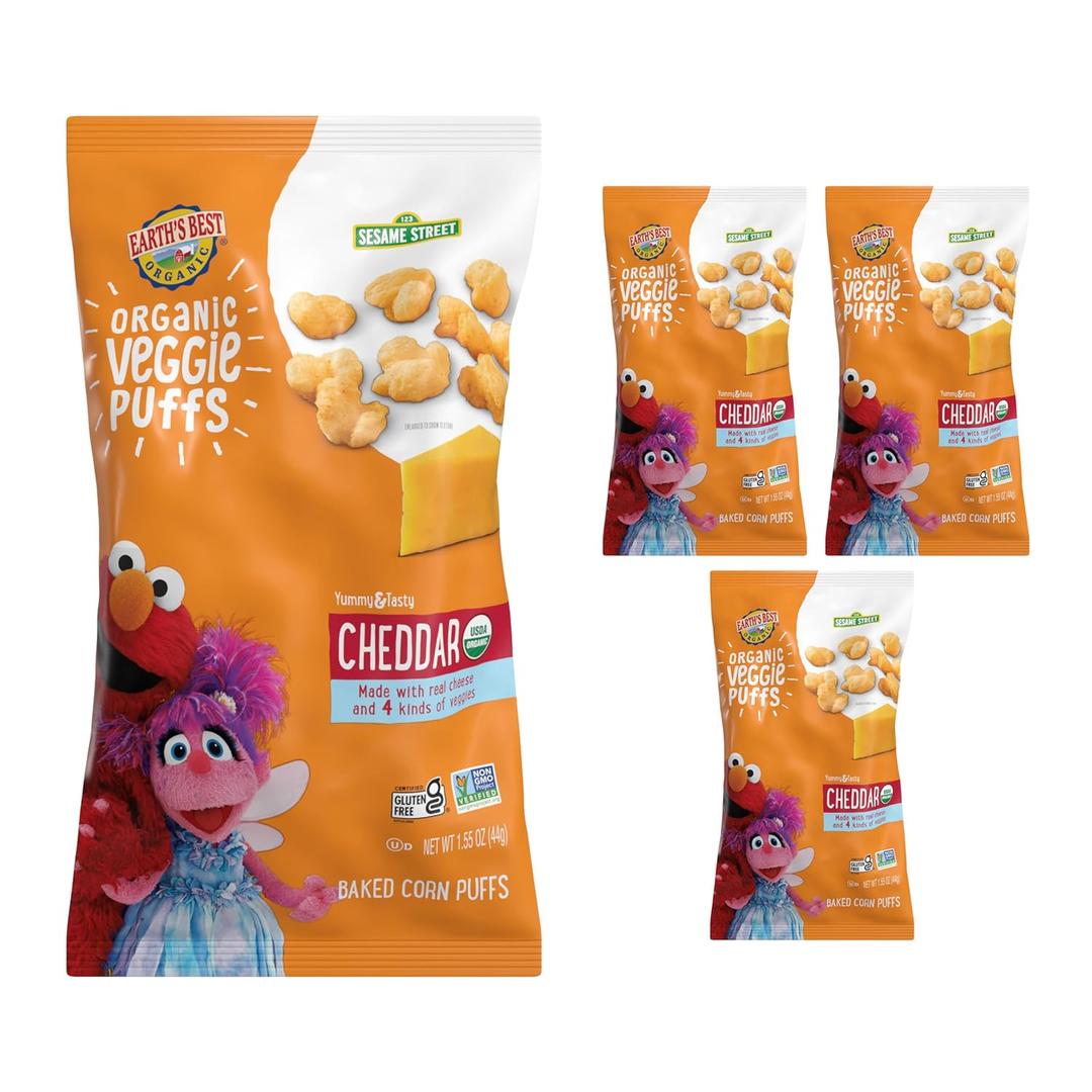 Earth's Best Organic Veggie Puffs for Toddlers 2 Years Old and Up, Cheddar Flavor, 1.55 Ounce Bag (Pack of 4) BBD: 06/13/2026