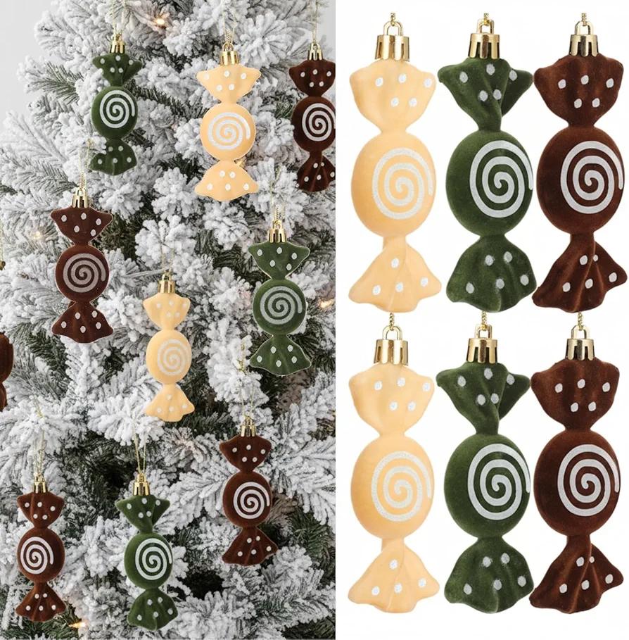 Threan 12 Pcs Velvet Christmas Candy Ornaments 3.9 x 1.6 Inches Xmas Tree Peppermint Ornament with Rope Flocked Glitter Hanging Candy Cane Decoration for Christmas New Year Decor (Brown, Beige, Green)
